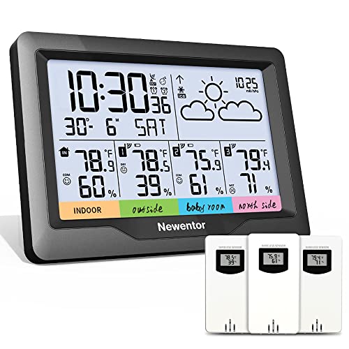 Newentor Weather Station Wireless Indoor Outdoor Multiple Sensors Digital Atomic Clock Weather Thermometer Temperature Humidity Monitor Forecast Weather Stations with Backlight