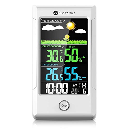 Slopehill Weather Station Indoor Outdoor Thermometer Hygrometer with Remote Sensor Digital Wireless Temperature and Humidity Monitor with Weather Forecast DateTime Display Alarm Clock (Color)