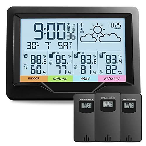 Weather Stations Indoor Outdoor Thermometer Wireless Temperature Humidity Monitor with Digital Atomic Clock Weather Station with Multiple Sensors