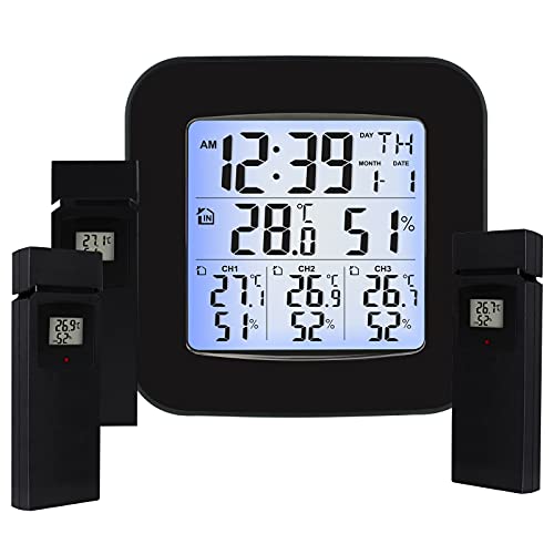 Wireless Weather Station Thermometer with 3 Indoor Outdoor Sensor Wireless Clock Alarm Temperature Humidity Monitor Easy to Read Display with LED Back Lights