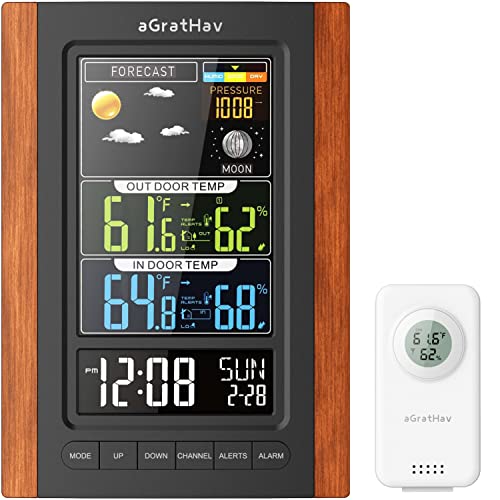 aGratHav Weather Station Wireless Indoor Outdoor Thermometer  with Alarm Clock Humidity Gauge Weather Forecast Temperature Monitor Adjustable Backlight Color Display and Digital Calendar for Home