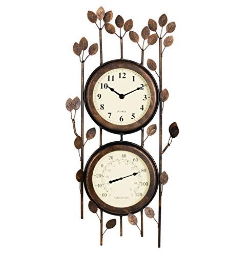 Bestime Twoinone Leaf Design Metal Clock Wall Art ClockThermometer Interior and Outdoor Decoration Fits Most décor Whether Industrial Country Rustic Farmhouse Vintage Retro etc