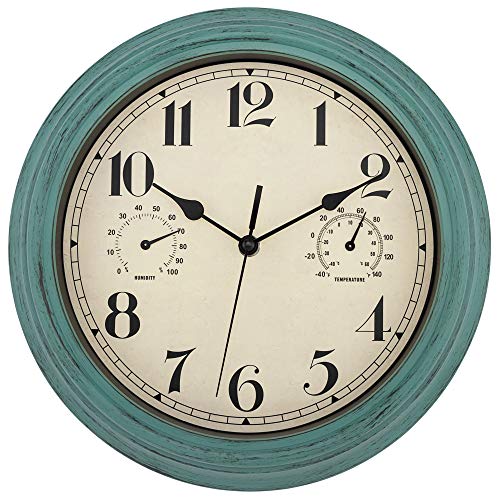 Foxtop Indoor Outdoor Waterproof Wall Clock with Thermometer and Hygrometer Combo 12 inch Retro Silent NonTicking Battery Operated Quality Quartz Round Clock for Patio Home Living Room Decor (Green)