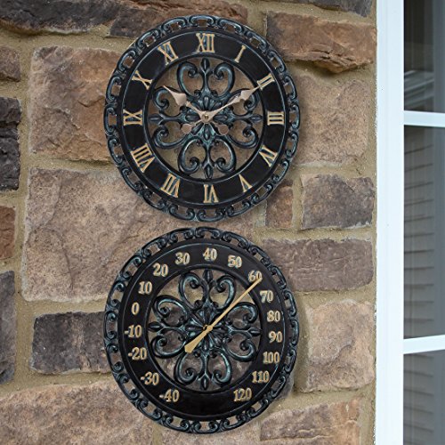 Lilys Home Hanging Verdigris Wall Clock and Dial Thermometer Set Ideal for Indoor and Outdoor Use Makes a Great Housewarming Gift Black (13 Inches)