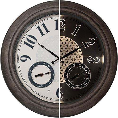 PresenTime  Co 18 Indoor  Outdoor Luminous Farmhouse Wall Clock with Thermometer  Hygrometer Quartz MovementGrey Oak Finish Bright Warm Light