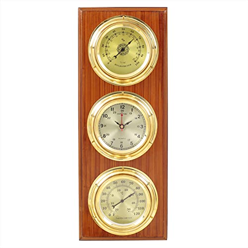 Rectangular Weather Station On Wooden Antique Finish Base  Round Solid Polished Brass Style Dials with Numerical Display  Hygrometer  Wall Clock  Thermometer  Marine Wall Decor Retro Ideas