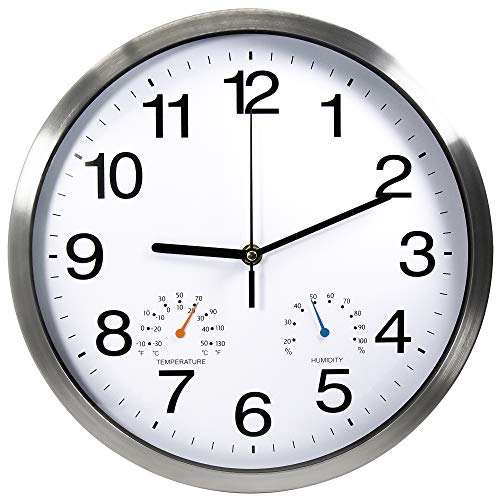 Reynoe 12 Inch Silver Aluminum Frame Wall Clock with Thermometer Hygrometer Battery Operated Silent Movement Decorative for Home