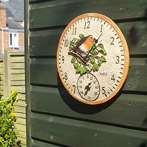 Smart Garden Robin Bird Wall Clock  Thermometer Outdoor Garden Clock 12 Weatherproof