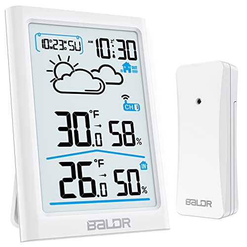 BALDR Wireless Weather Station Digital Indoor Outdoor Thermometer Hygrometer with Backlight LCD Display and External Sensor Ideal for Weather Forecast Monitoring Alarm Clock  White