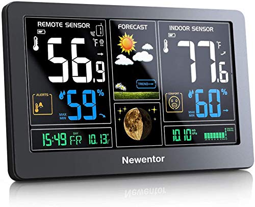 Newentor Weather Station Wireless Indoor Outdoor Thermometer Color Display Digital Weather Thermometer with Atomic Clock Forecast Station with Calendar and Adjustable Backlight