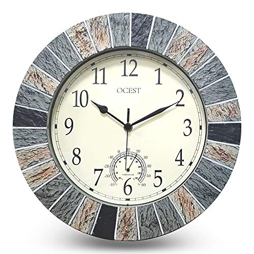 Ocest 13 Inch Large Outdoor Indoor Clock Waterproof Wall Clock with Thermometer WeatherResistant NonTicking Battery Operated Decor Clock for Patio Pool Lanai Fence Porch GardenBathroom