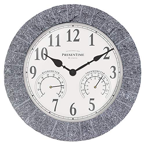 PresenTime  Co 14 inOutdoor Garden Clock with Thermometer  Hygrometer Gray Slate Finish