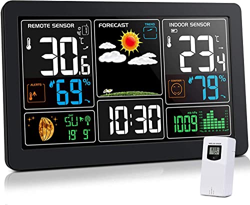 Weather Station Wireless Indoor Outdoor Weather Stations with Atomic Clock Color Display Home Weather Forecast Station Thermometer with Alarm