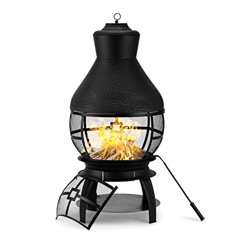 VINGLI Wood Burning Chiminea Fire Pit with Log Grate Chimney Cap  Fire Poker 360°Fire Retardant Mesh Cover for Outdoor Fireplace Garden Camping Backyard Cast Iron Patio Heater
