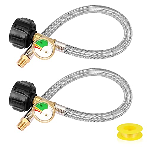 DEPFALL RV Propane Hoses with Gauge QCC1  Type 1 Connection x 14 NPT Fittings 2 Pack 15 Inch Stainless Steel Braided Camper Tank Hose Connector for Standard 2Stage Regulator