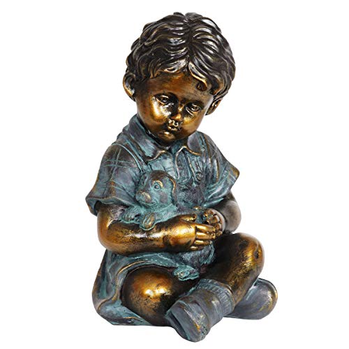 Exhart Child  Puppy Garden Statue  Bronze Look Boy  Dog Statue  Child Statue Best for Porch Yard Patio  Garden Stone Like Boy Statue Classic Garden Décor  105