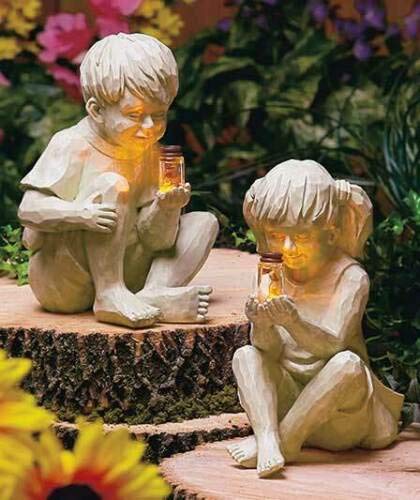 Garden Children Solar Lighted Firefly Jar Boy Girl Statue Kids with Solar Fireflies Garden Statues Flowerbed Yard Outdoor Sculpture Decor