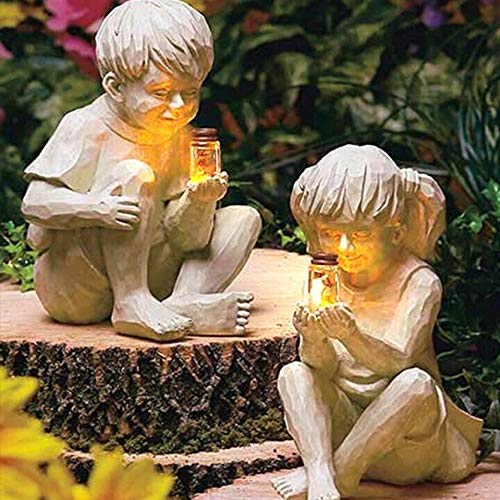 Garden Children Statue Solar Lighted Firefly Jar Boy Girl Statue Whimsical Flowerbed Garden Sculptures  Statues Yard Decor Yard Art Garden Figurines Outdoors (Boy  Girl)