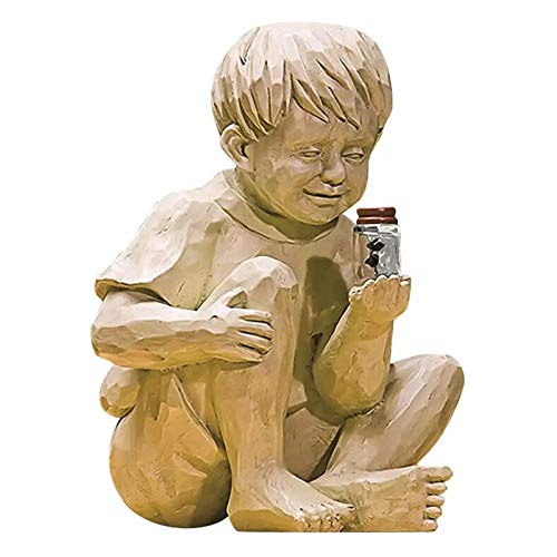 Garden Children Statue Solar Lighted Firefly Jar Light Boy  Girl Creative Statue for Outdoors Yard Lawn Decoration (Sitting boy)