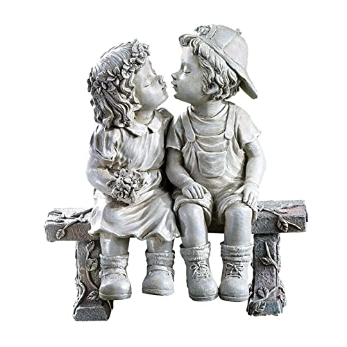 Prettyia Romantic Kids First Kiss Indoor Outdoor Yard Garden Statue Boys and Girls Sculpture Office Bar Desktop Decoration First Kiss Child Lawn Figurine