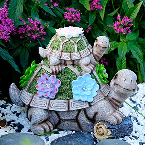 Turtle Solar Garden Statues Outdoor Decor Eoanwu Mother and Child Turtle Resin Garden Figurines with 5 LED Solar Garden Decor for Patio Lawn Yard Art Decoration and Housewarming Garden Gift