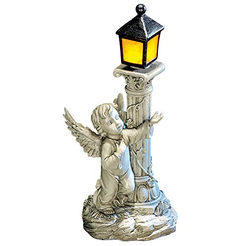 Collections Etc Solar Powered Lightup Lantern with Cherub Figurine  Intricate Carved Details in Cherub and Light Post Displays Resin Material Safe for All Weather Silver