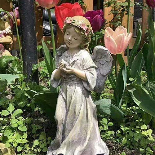 Small Cherub Angel Hand Holding Pigeon Standing Pose Sculpture Resin Stone Garden Statue FigurineGarden Decorations