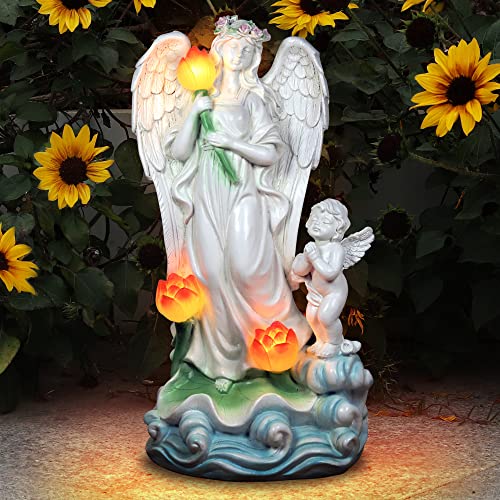 Voveexy Angel Garden Statue Solar Garden Figurine Lotus Outdoor Decor with Warm White Light Resin Cherub Garden Sculpture for Patio Yard Lawn Porch Art Decoration Ornament Christmas Housewarming Gift