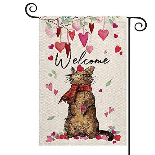 AVOIN colorlife Welcome Love Heart Cat Valentines Day Garden Flag 12x18 Inch Vertical Double Sided Anniversary Party Yard Outdoor Decoration