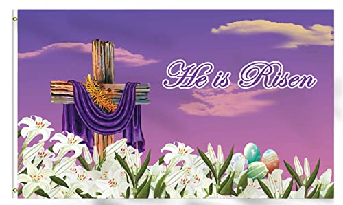 FLCHWY He is Risen Spring Easter Cross Flag Banner 3x5 FtEaster Lily Cross flag Spring Party Decorations Banner Flag Holiday Party Supplies Hanging Canvas Header Polyester Outdoor Decor with Brass Grommets