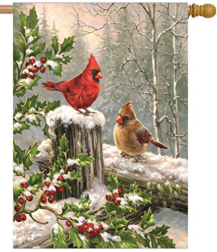 Wamika Spring House Flags 28 x 40 Double Sided Cardinal Red Bird Holly Berry Branches Snow Welcome Winter Holiday Yard Outdoor Garden Flag Banner for Party Home Christmas Decorations