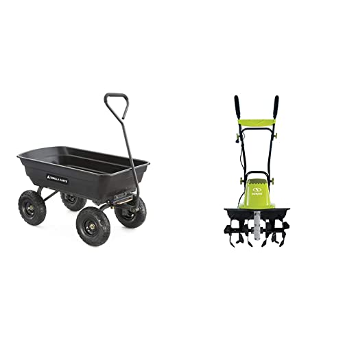 Gorilla Carts GOR4PS Poly Garden Dump Cart with Steel Frame and 10in Pneumatic Tires 600Pound Capacity Black  Sun Joe TJ603E 16Inch 12Amp Electric Tiller and Cultivator  Green