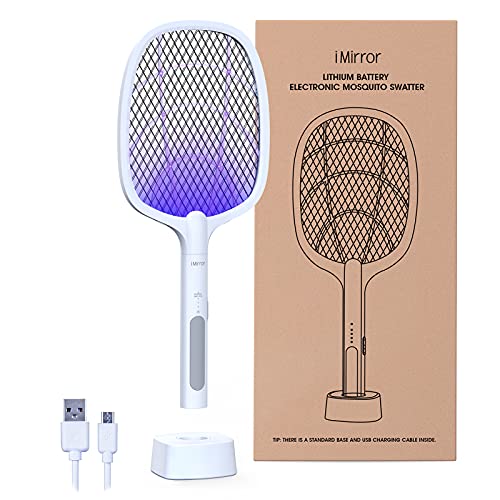 Electric Fly Swatter 2 in 1 Rechargeable Bug Zapper Racket Powerful Grid Mosquitoes Fly Killer for Home and Outdoor Battery Upgraded 3 Layers Protection Mesh