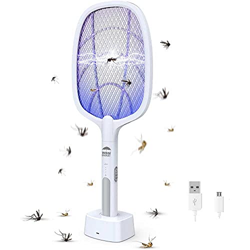 WBM Smart 2in1 Bug Zapper Mosquitoes Trap Lamp  Racket USB Rechargeable Electric Fly Swatter for Home and OutdoorPowerful Grid 3Layer Safety Mesh Safe to Touch 1 Pack White