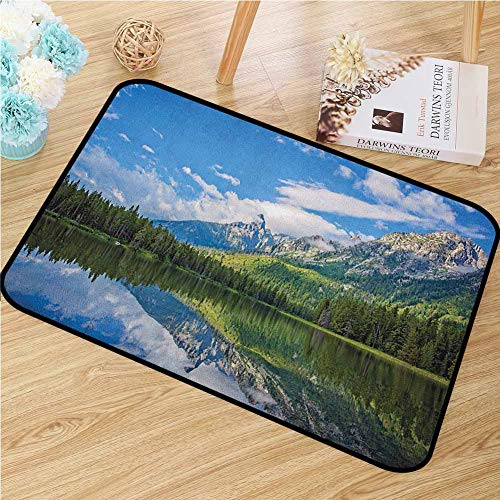Landscape Inlet Outdoor Door mat Pure Mountain Lake Scenery with Trees and Cloudy Sky Nature Inspired Print Catch dust Snow and mud W157 x L236 Inch Blue White Green