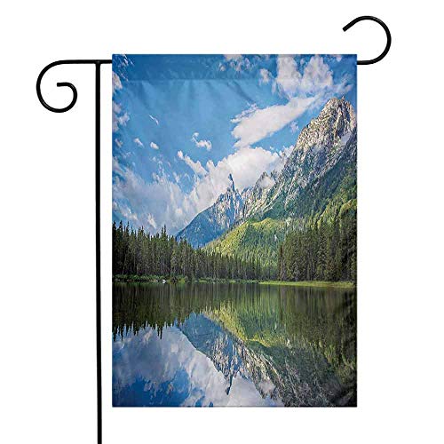 Zzmdear Decorative Garden Flag Yard Decor Pure Mountain Lake Scenery with Trees and Cloudy Sky Nature Inspired Print Blue White Green 12x18
