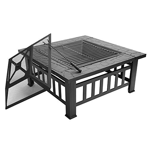FCH 32 Outdoor Square Fire Pit with BBQ Rack Rain Cover Spark Screen Top and Poker Metal Firepit for Outside Backyard Patio Garden Terrace