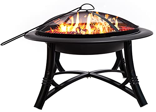 Fateanuki 28 Backyard Patio Fire Pit Bowl Wood Burning Portable Fire Pits for Outside with Metal Round Cover Mesh Spark Screen Fire Poker
