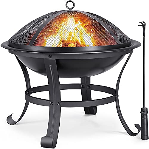 YAHEETECH Fire Pit 22in Fire Pit Outdoor Wood Burning Firepit BBQ Grill Steel Fire Bowl with Spark Screen Cover Log Grate Poker for Camping Beach Bonfire Picnic Backyard Garden