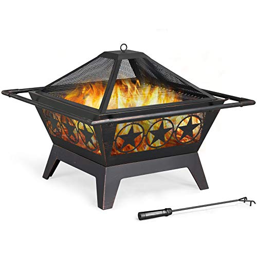 Yaheetech 32in Outdoor Fire Pit Metal Square Firepit Wood Burning Backyard Patio Garden Beaches Camping Picnic Bonfire Stove with Spark Screen Log Poker and Cover