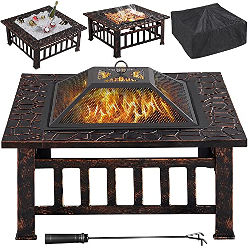 Yaheetech 32in Outdoor Firepit Square Table Backyard Patio Garden Stove Wood Burning Fire Pit with Spark Screen Log Poker and Cover