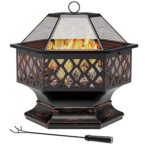 Yardsam 24 Inch Hex Steel Fire Pit Hex Shaped Fire Pit Outdoor Wood Burning Firepit Firebowl Fireplace w Spark Poker Mesh Screen Lid for Backyard Patio Garden Camping firepit 85 Deep Bowl