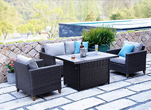 Grand Patio Furniture Set with Fire Pit Table Rattan Outdoor Sofa 5 Pcs Furniture Sectional Couch Set Wicker Patio Sofa  Fire Pit Table AllWeather Rattan Backyard  Garden Pool Porch Lawn Set