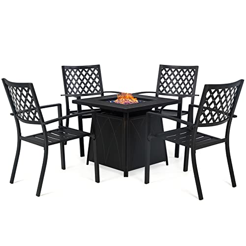 PHI VILLA 28 Gas Fire Pit Outdoor Dining Table Set 50000 BTU AutoIgnition Propane Gas Square CSA Approved Table with 4 Wrought Iron Patio Bistro Chairs for Patio Yard Deck