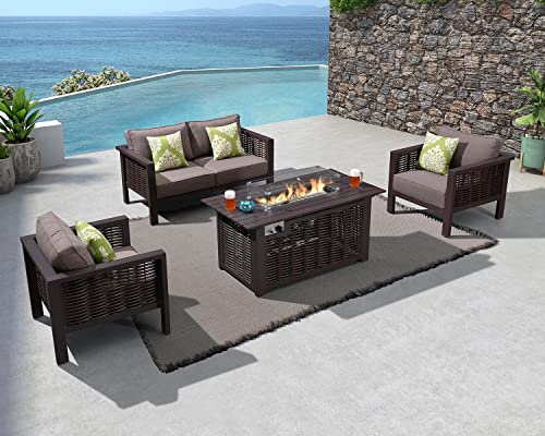 PURPLE LEAF Outdoor Patio Furniture Set with Fire Pit Table 50000 BTU Patio Conversation Set with Cushions and Covers Outdoor Couch for Garden Backyard Deck Wicker Outdoor Sofa