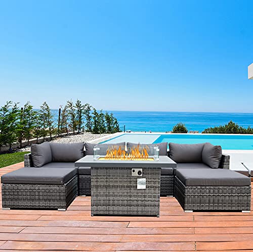 Patio Furniture Outdoor Sectional Sofa Sets with Propane fire Pit 7 Pieces Grey Wicker Conversation Sets with fire Pit Table PE Rattan Patio sectional with UV Proof Cushions (A Grey7PCSfire Pit)
