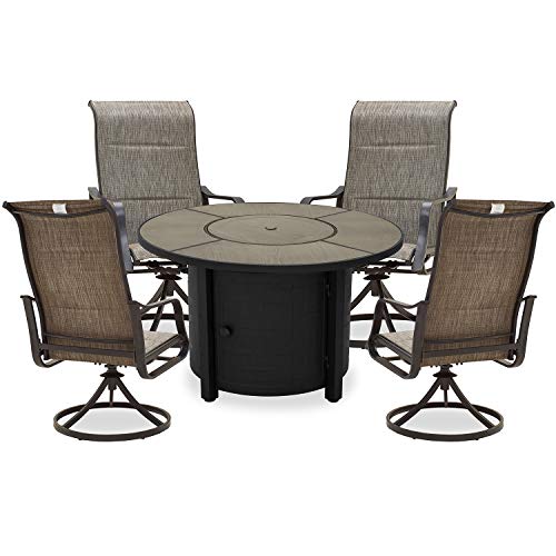 PatioFestival Patio Dining Set 5Pcs Outdoor Furniture Sets 50000 BTU Round Propane Fire Pit Table with Swivel Rocker Dining Chairs(Grey)