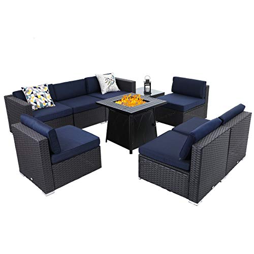 Sophia  William Patio Furniture Sectional Sofa Set with Gas Fire Pit Table 9 Piece Wicker Rattan Outdoor Conversation Sets WCoffee Table CSA Approved Propane Fire Pit (Navy BlueSquare Table)