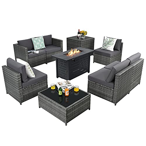 Tangkula 9 Pieces Patio Rattan Furniture Set Patiojoy Sectional Sofa Set wFire Pit Table Storage Box Coffee Table Outdoor Wicker Conversation Set w 42 Propane Fire Pit Table (Grey)