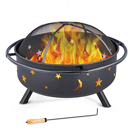 COZ 36 Inch Fire Pit Outdoor Bonfire Wood Burning Fire Pits Cosmic Cutout Firepits for Outside w Spark Screen Poker Waterproof Cover Portable Fire Pit for Patio Backyard Garden Beach Camping Park